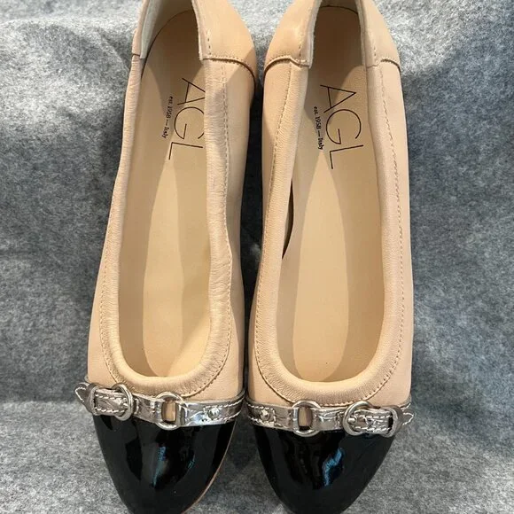 AGL Monika Cap Toe Ballet Size 38.5 8.5 NWOB Beige Black Patent - Picture 2 of 5